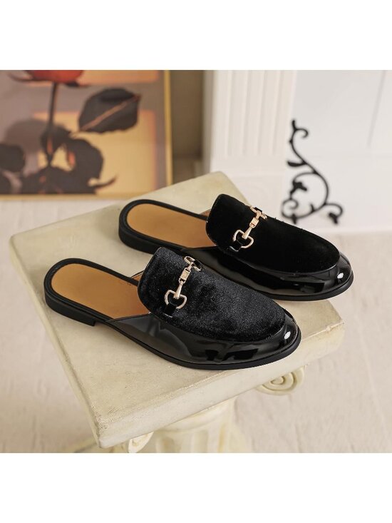 Men\'s Black Rubber Velvet Patent Leather Gold Buckle Slip On Loafer Slippers main image 6
